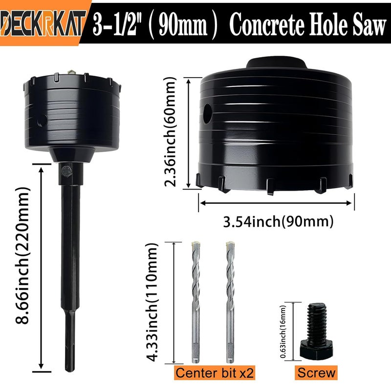 DECKRKAT 3-1/2" Concrete Hole Saw Kit,Electroplated Black Quenching Tech,Heavy-Duty Thickened Alloy Teeth,SDS Plus Shank & 2 Center Bits for Concrete,Brick,Stone. - Image 2